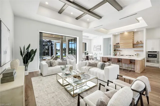 a living room with furniture potted plant and a large window