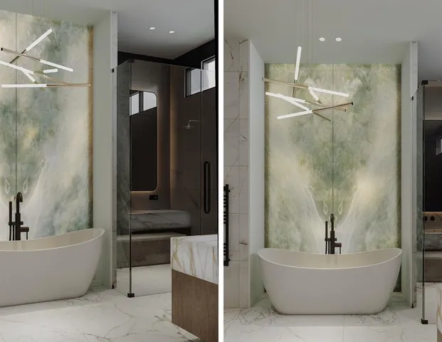 a bathroom with a bathtub and a shower