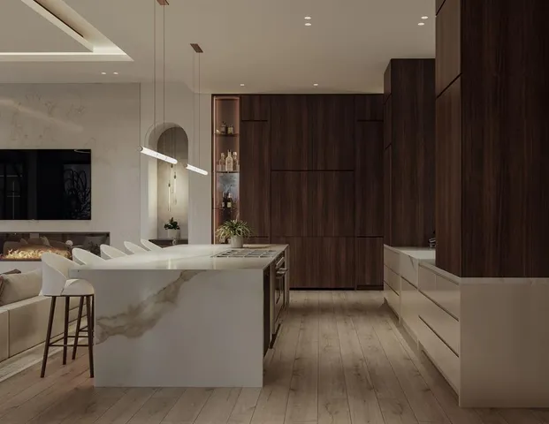 a kitchen with kitchen island cabinets and sink