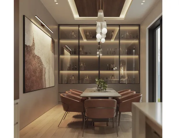 a dining room with furniture and wooden floor