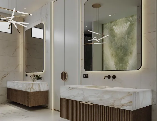 a bathroom with a tub sink and mirror