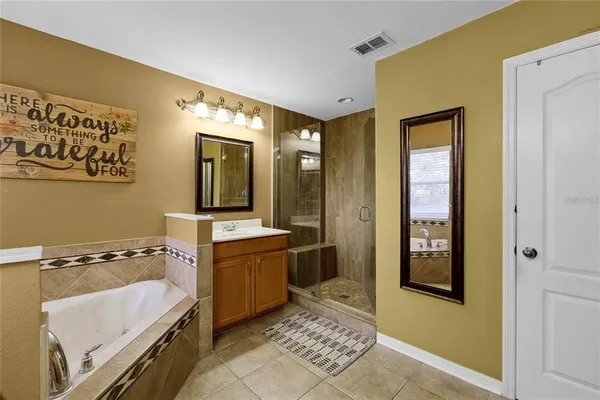 a bathroom with a tub sink and mirror