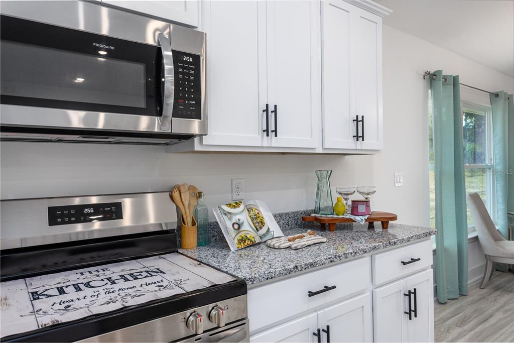 16929 Northwest 176th Way Alachua, FL 32615 - Photo 14 of 35 a kitchen with stainless steel appliances granite countertop a stove and a white cabinets