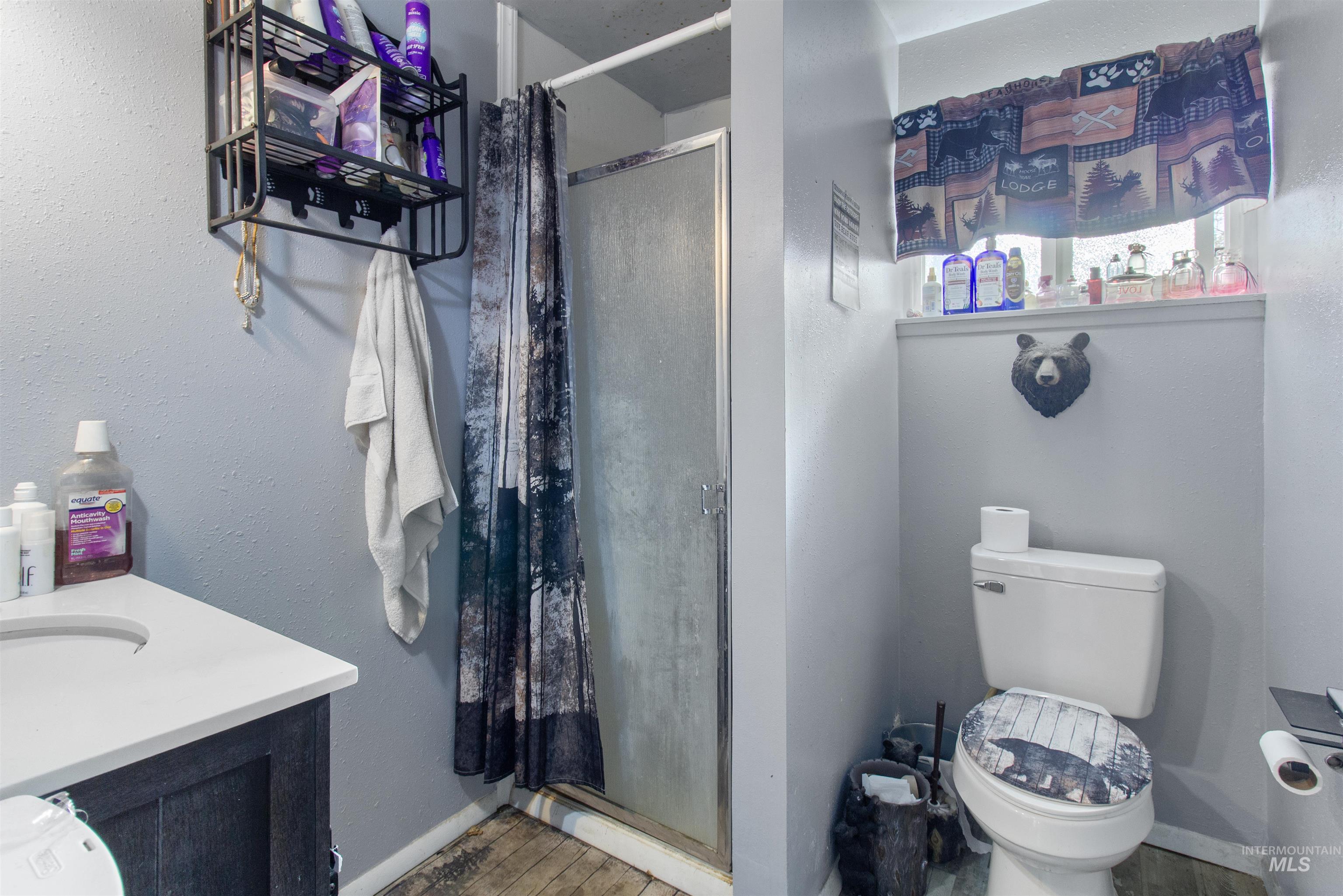 636 Main Street Hansen, ID 83334 - Photo 19 of 37 Bathroom featuring a standing shower with a glass enclosure, a vanity with a white countertop and dark cabinetry, and wood-finish flooring