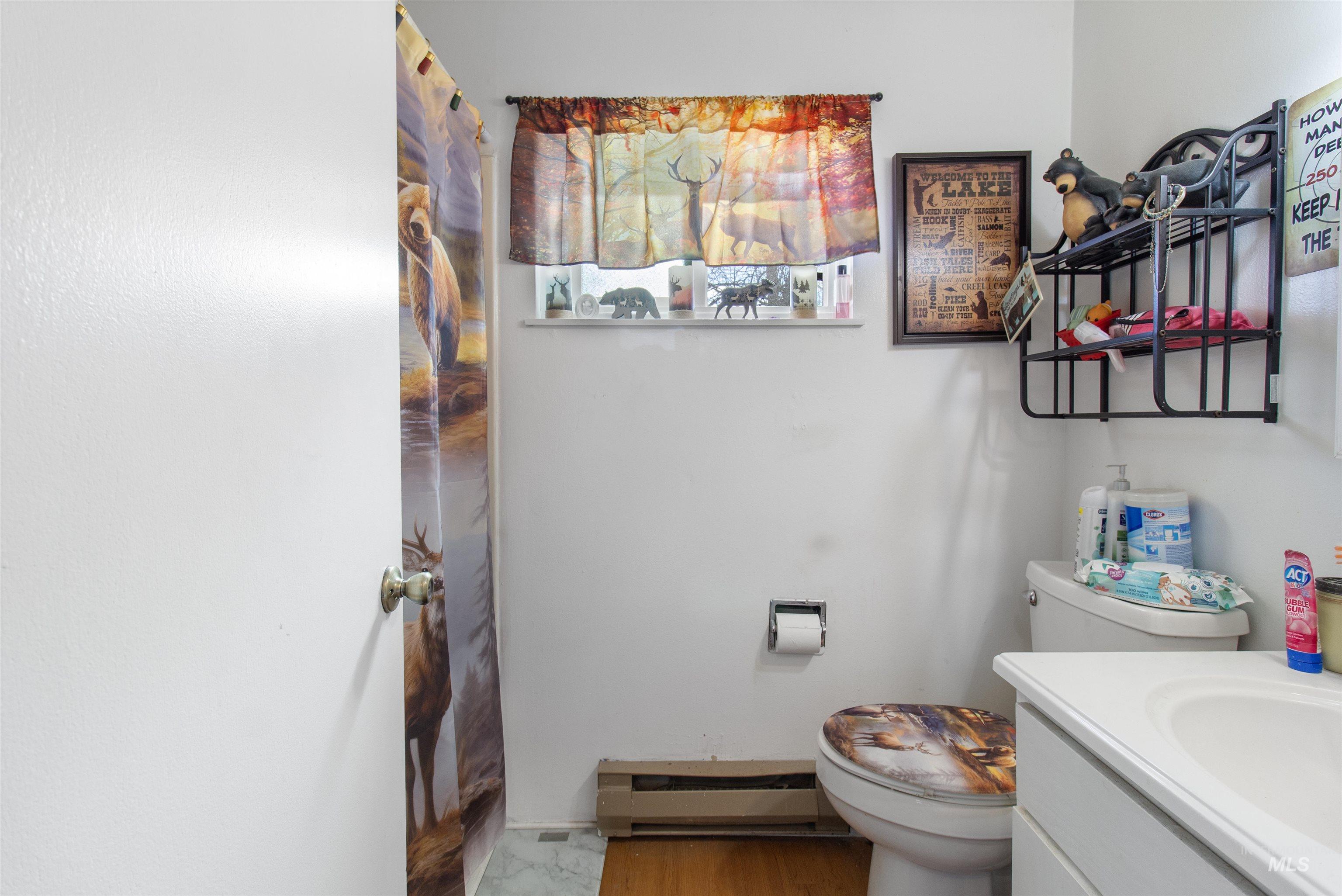 636 Main Street Hansen, ID 83334 - Photo 24 of 37 Bathroom featuring a white toilet, single vanity with a white countertop and integrated sink, and an opaque window with a decorative valance