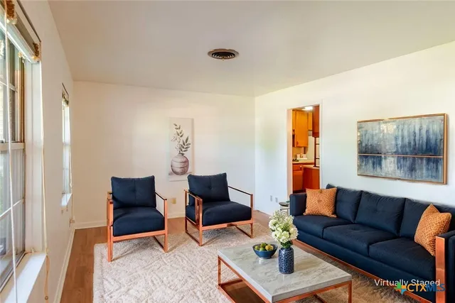 a living room with furniture and a rug