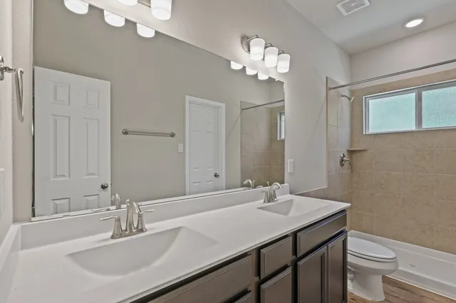 a bathroom with a sink a toilet and a mirror