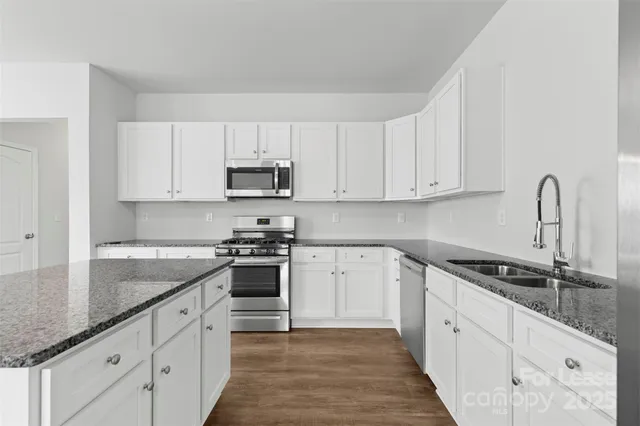 a kitchen with granite countertop white cabinets and stainless steel appliances