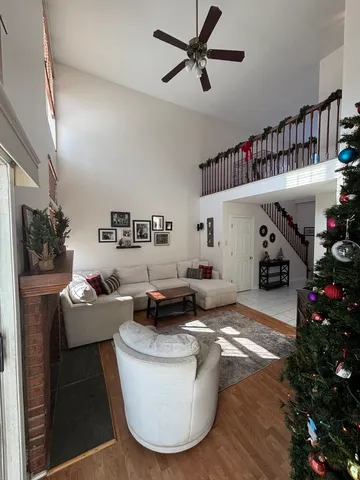 a living room with furniture and a potted plant