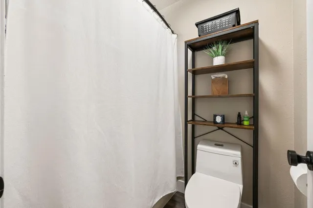 a white toilet sitting next to a shower curtain
