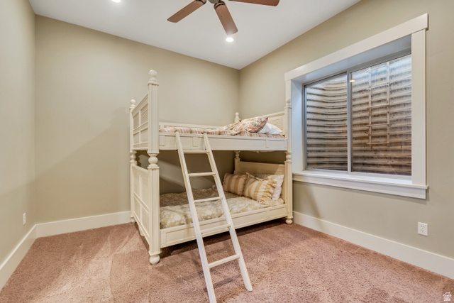 2579 Splendor Valley Road Kamas, UT 84036 - Photo 70 of 87 Bedroom with light colored carpet, ceiling fan, and recessed lighting
