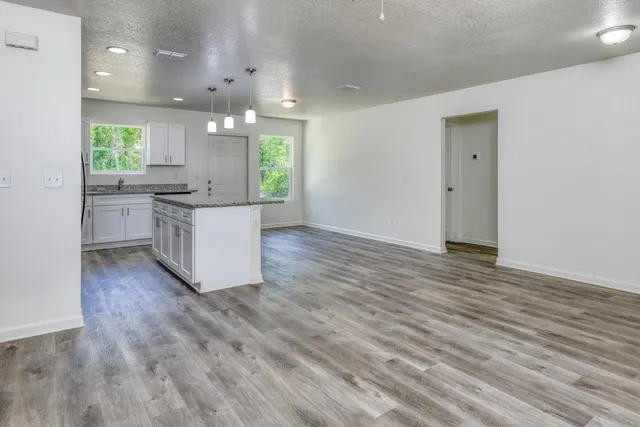 a large kitchen with hardwood floor and a sink