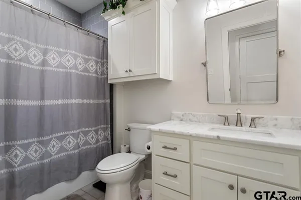a bathroom with a granite countertop toilet sink and mirror