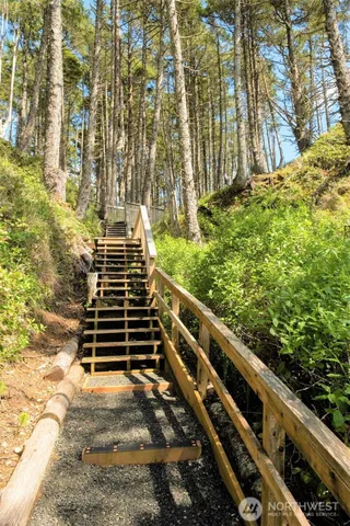 a view of a yard with wooden fence