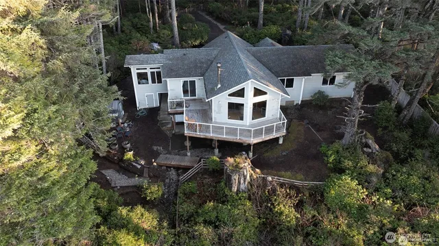 a aerial view of a house with a yard and trees