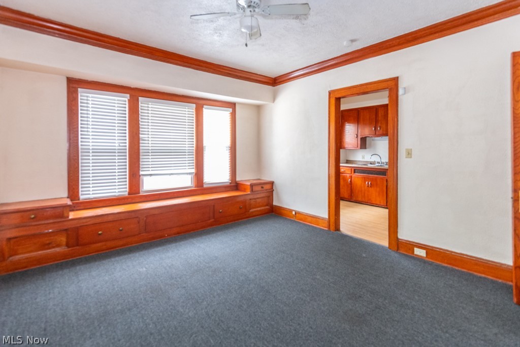 917 Helmsdale Road Cleveland Heights, OH 44112 - Photo 6 of 28 Unfurnished room featuring light carpet, crown molding, a ceiling fan, and a textured ceiling