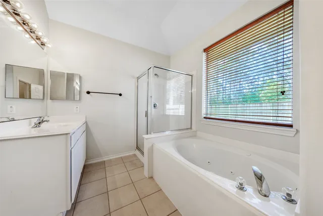 a bathroom with a tub sink and mirror