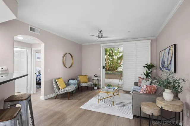 a living room with furniture potted plant and a window