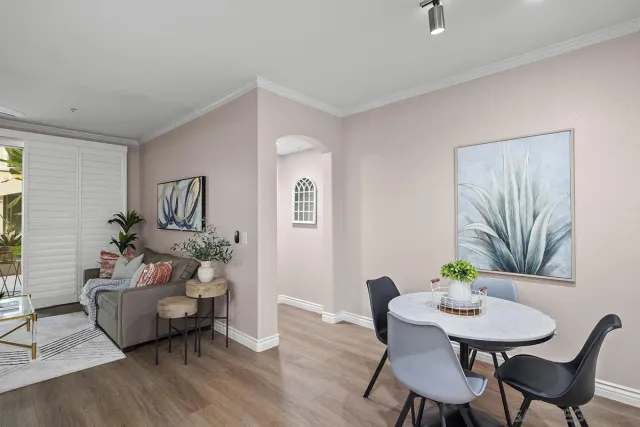 a living room with furniture and a potted plant