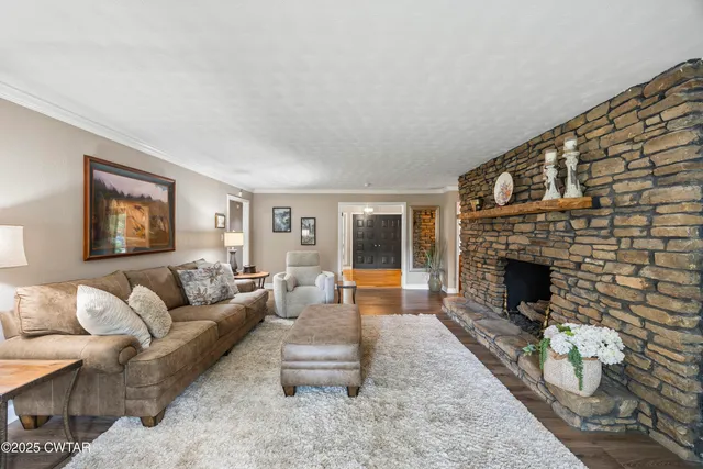 a living room with furniture and a fireplace