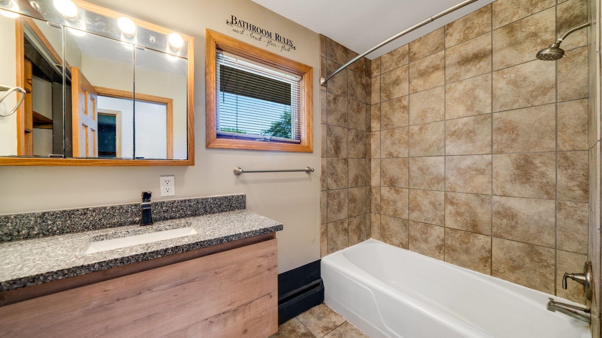 313 West Margaret Fuller Road Oregon, IL 61061 - Photo 22 of 46 a bathroom with a granite countertop sink a mirror a bathtub and shower