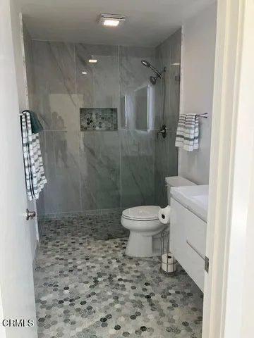 a bathroom with a toilet and a shower