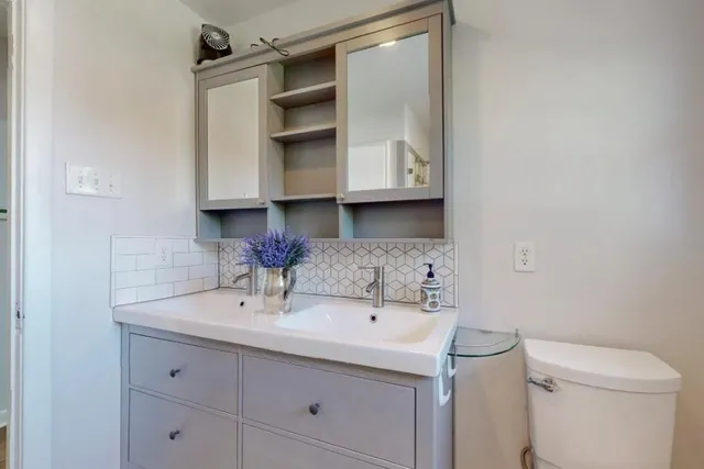 a bathroom with a sink toilet and vanity