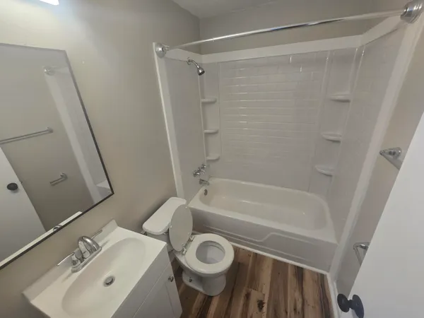 a bathroom with a sink a toilet a mirror and a shower