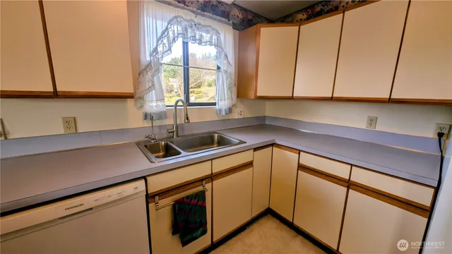 a kitchen with a sink cabinets and window