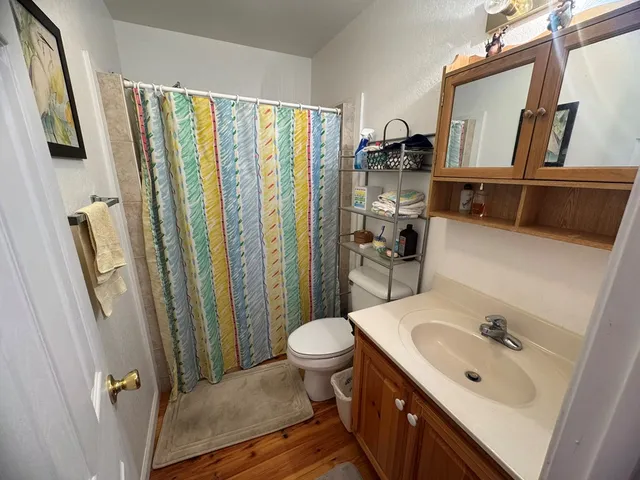 a bathroom with a sink a toilet and mirror