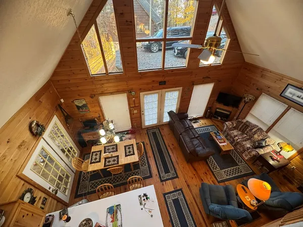 front view of a building with a tv