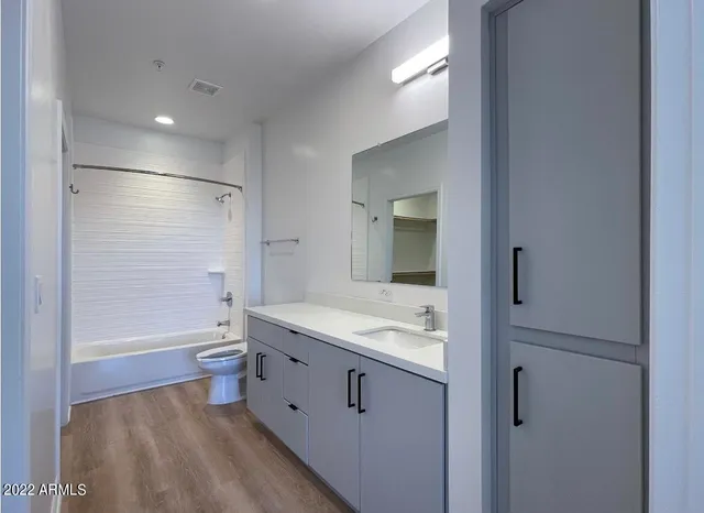 a bathroom with a bathtub toilet sink and mirror