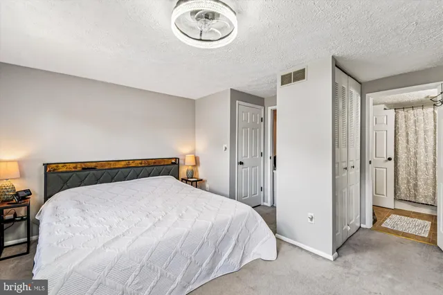 a bedroom with a bed and a closet