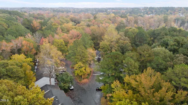 an aerial view of houses covered in trees