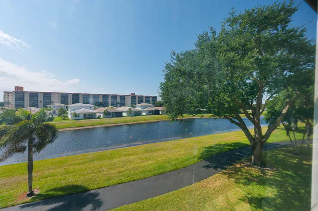 a view of a swimming pool and trees in the background