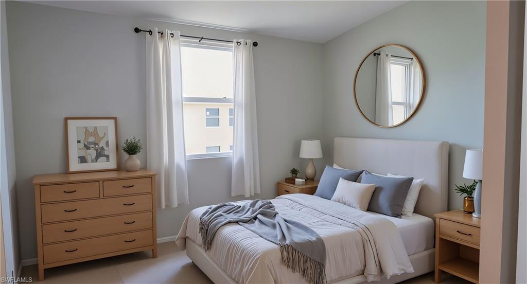 4128 Bellasol Circle, Unit 1423 Fort Myers, FL 33916 - Photo 4 of 6 a bedroom with a bed a mirror and a window