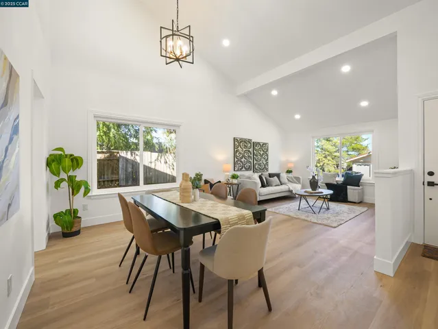 a view of a dining room with furniture a potted plant and wooden floor
