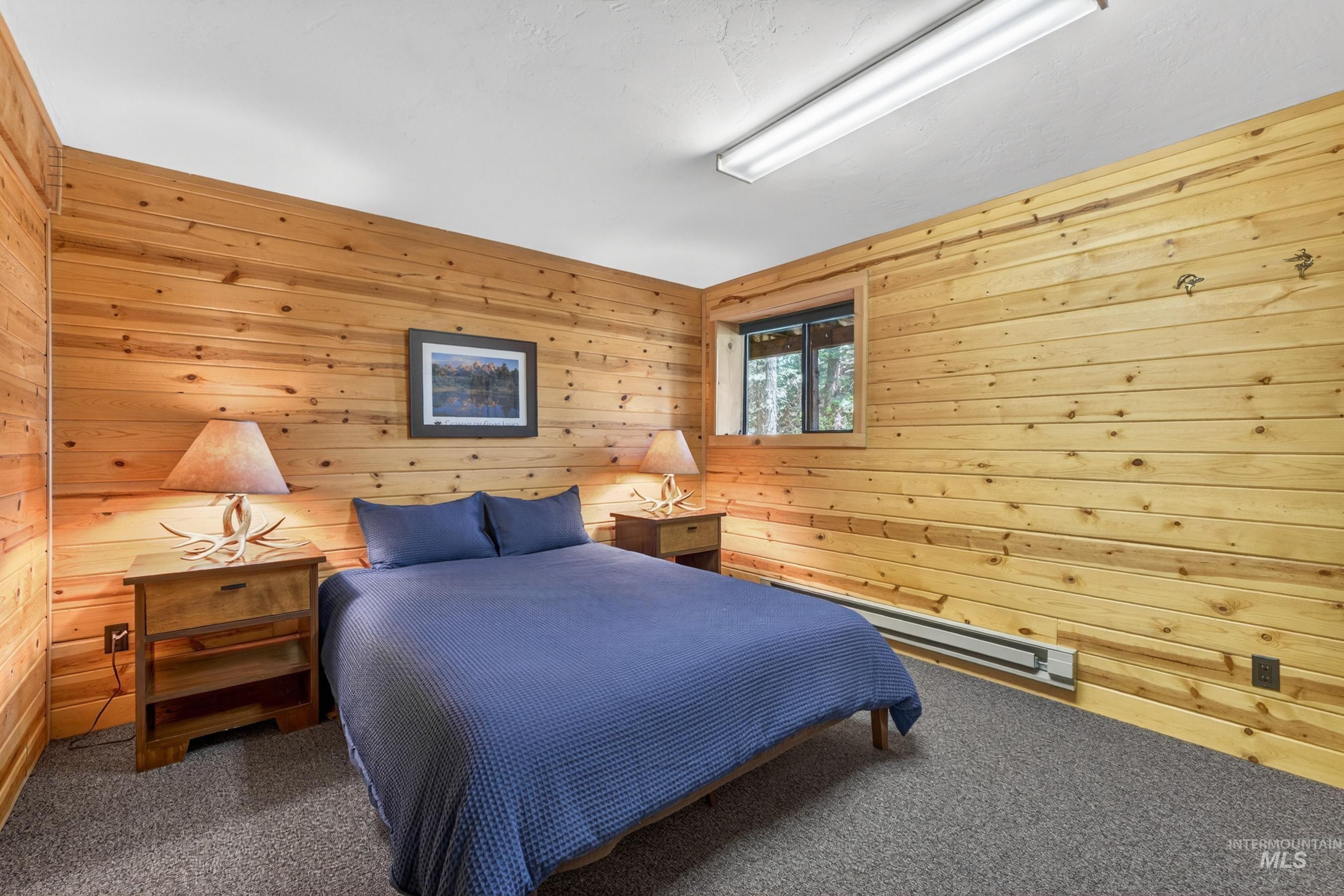 2339 West Mountain Road Donnelly, ID 83615 - Photo 16 of 37 Wood-paneled room featuring a window, textured ceiling, carpeted flooring, and a baseboard heater