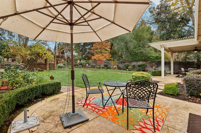a view of a chairs and table in the backyard