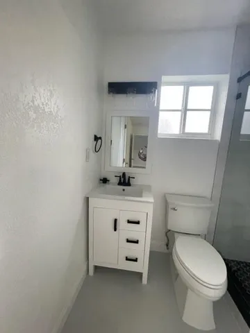 a bathroom with a toilet a sink a window and mirror