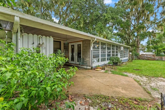 a view of a backyard with large trees