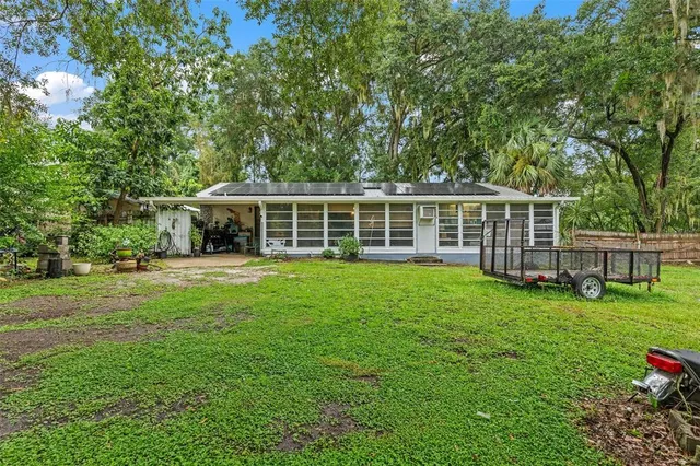 a backyard of a house with plants and large tree