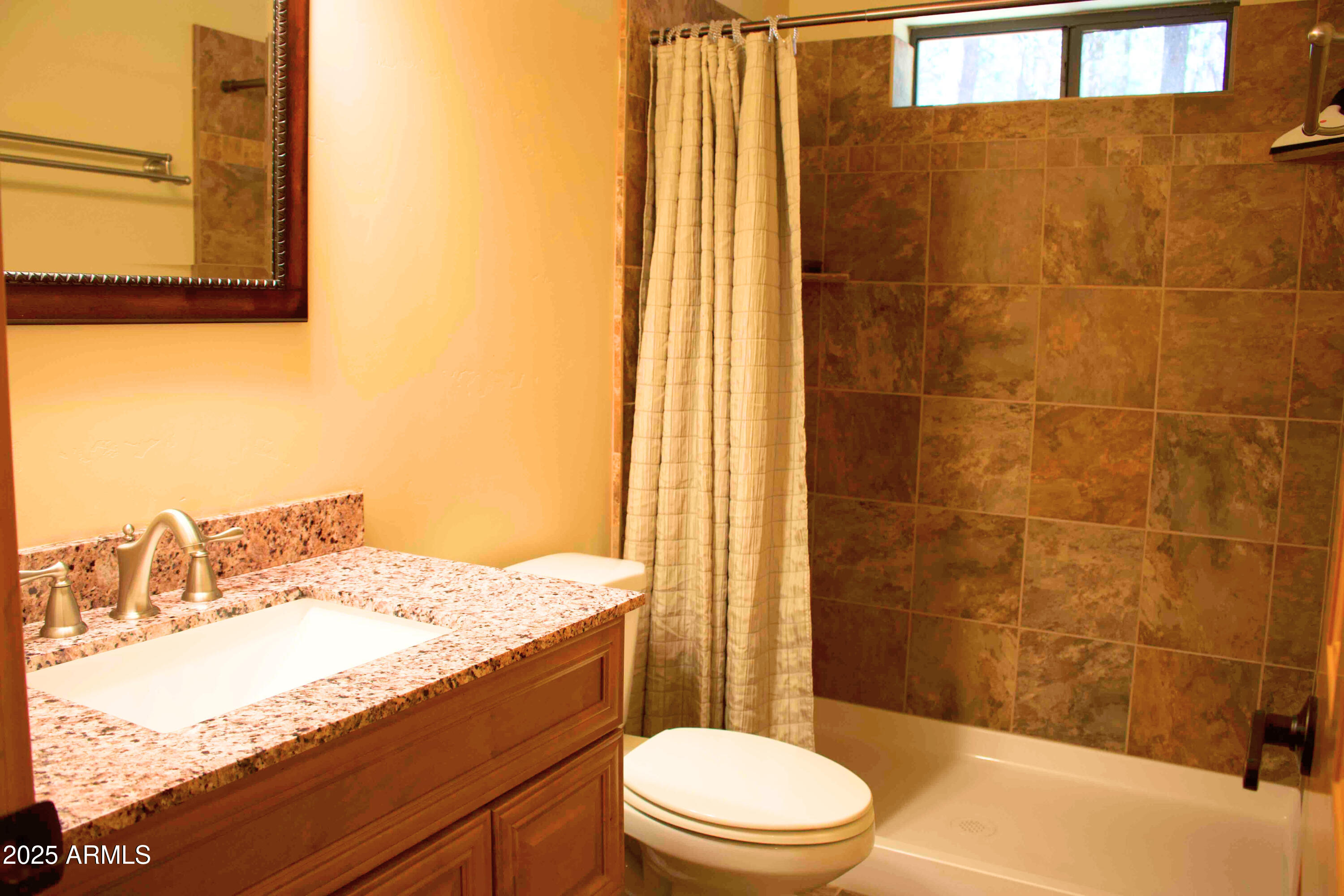 2592 Tom Loop Forest Lakes, AZ 85931 - Photo 17 of 25 a bathroom with a granite countertop sink a toilet and shower