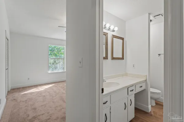 a bathroom with a sink vanity and a mirror