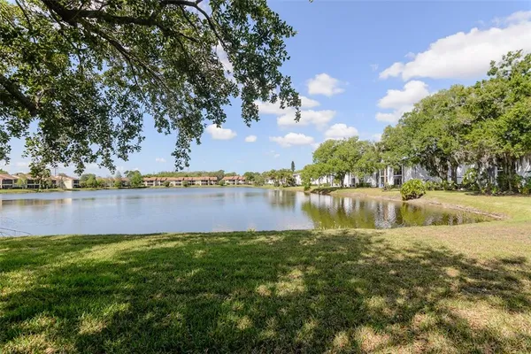 a view of a lake with houses in the background