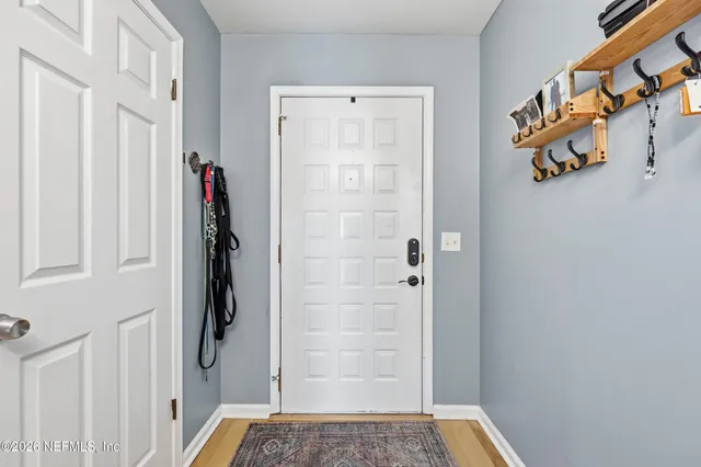 a view of a hallway with closet and front door