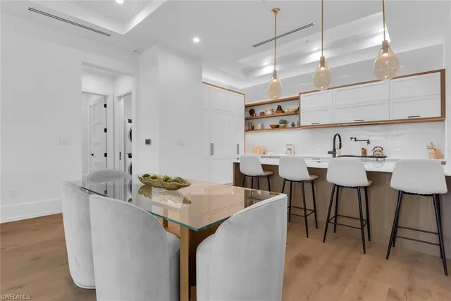 a view of a dining room with furniture