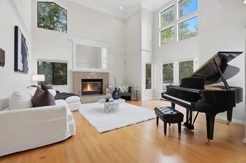 a living room with furniture and a fireplace