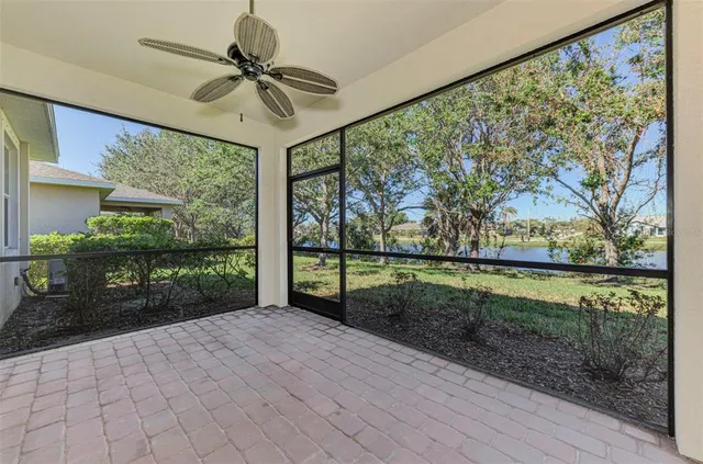 a view of a porch with a garden