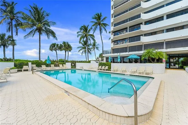 a view of swimming pool that has lawn chairs potted plants and palm trees